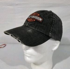 Harley-Davidson Black Denim Adjustable Strap Distressed Baseball Cap